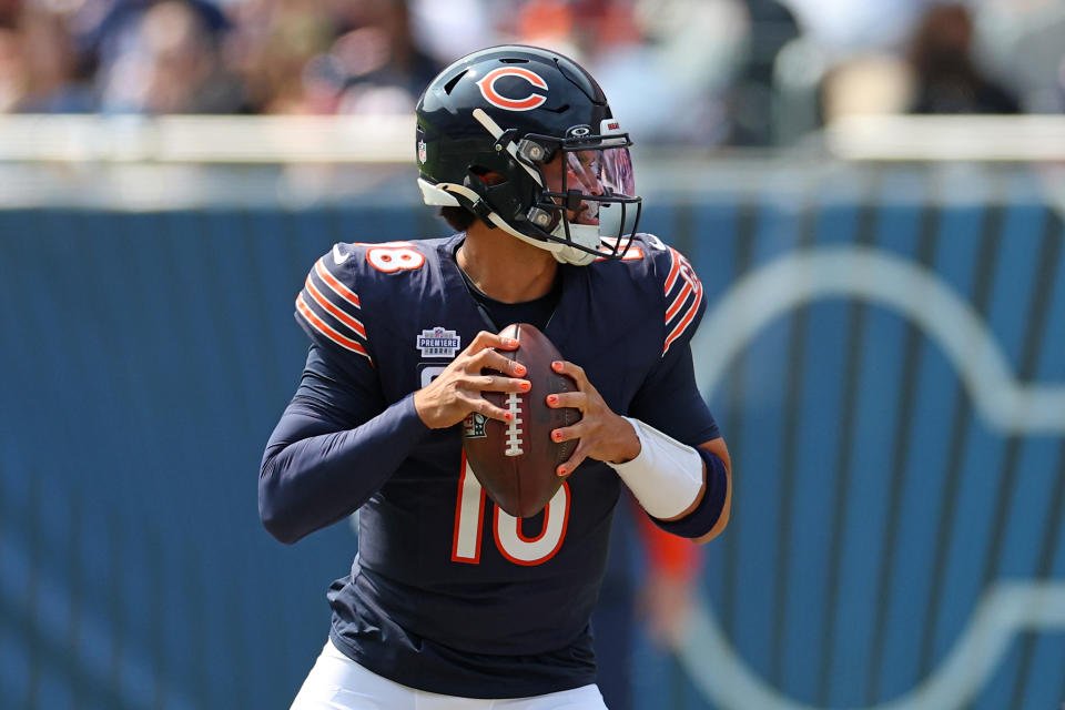 CHICAGO, ILLINOIS - SEPTEMBER 08: Caleb Williams #18 of the Chicago Bears looks to pass during the game against the Tennessee Titans at Soldier Field on September 08, 2024 in Chicago, Illinois. The Bears beat the Titans 24-17. (Photo by Stacy Revere/Getty Images)