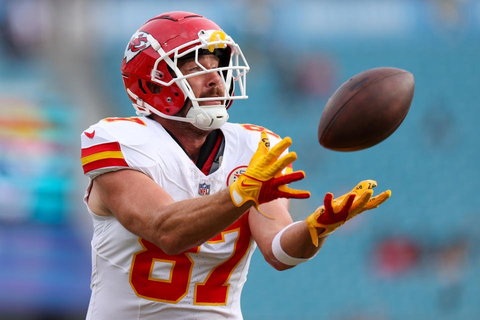 Aug 10, 2024; Jacksonville, Florida, USA; Kansas City Chiefs tight end Travis Kelce (87) warms up before a preseason game against the Jacksonville Jaguars at EverBank Field. Mandatory Credit: Nathan Ray Seebeck-USA TODAY Sports